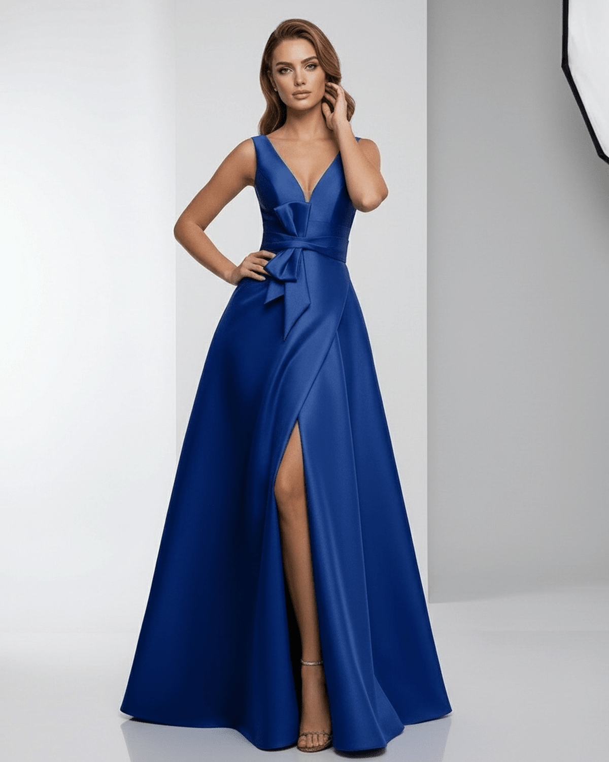 Sapphire Maxi Dress featuring satin A-line, V-neck, elegant silhouette and bow detail by Lauven.