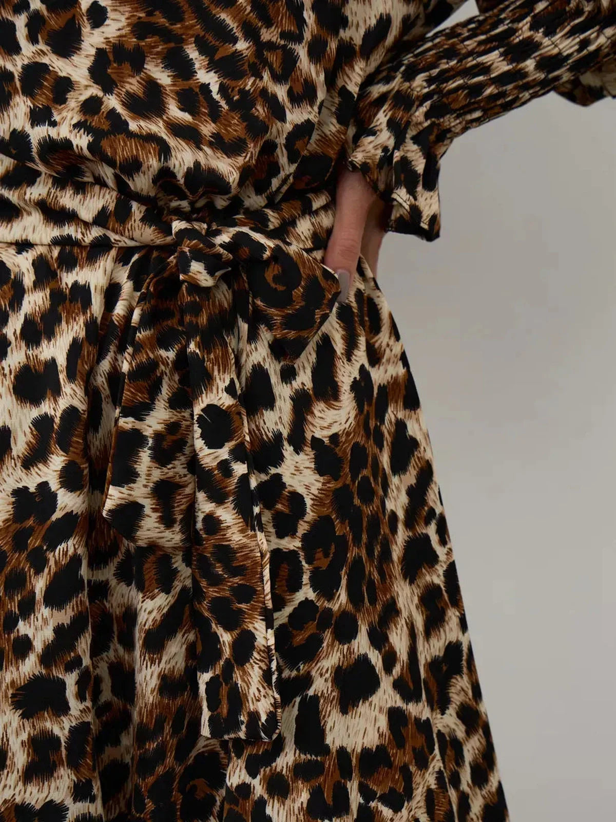 Close-up of Savannah Mini Dress featuring leopard print and a waist-defining tie belt, showcasing its elegant design.