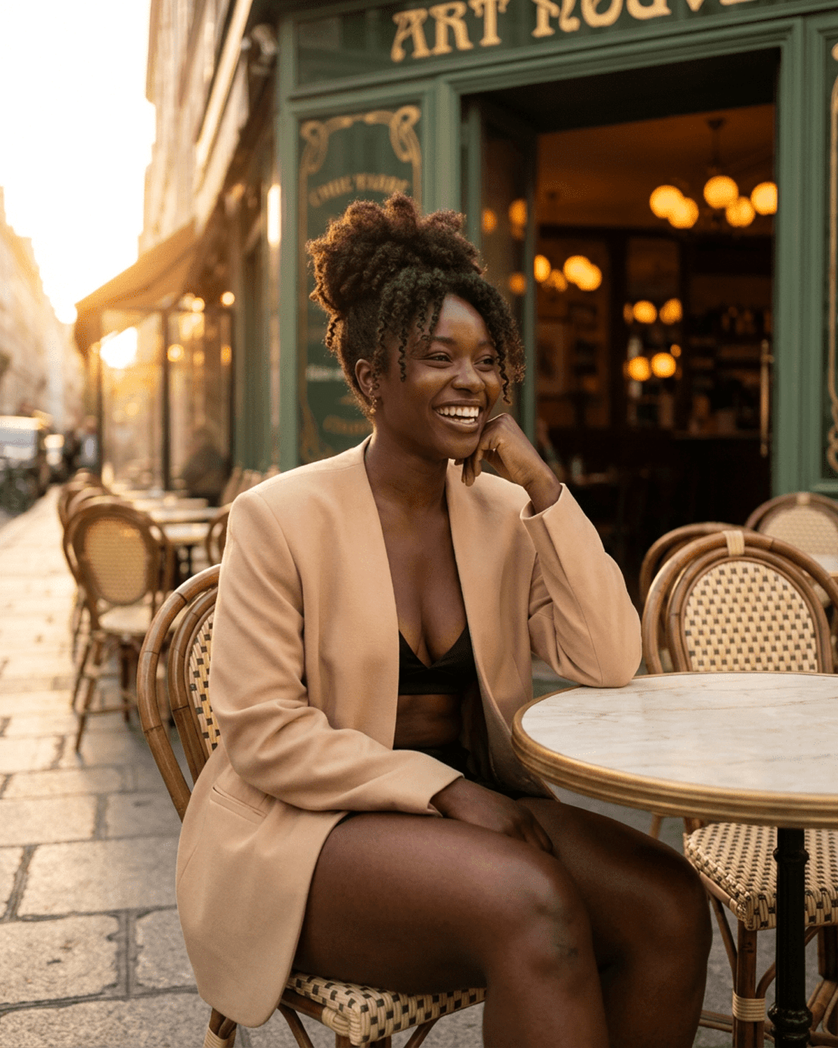 Savona Blazer by Lauven worn by a woman sitting at a café, showcasing a modern tailored silhouette in beige.