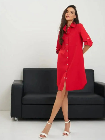 Scarlet Belted Mini by Lauven worn by model, showcasing a stylish red mini dress with a button-front design.