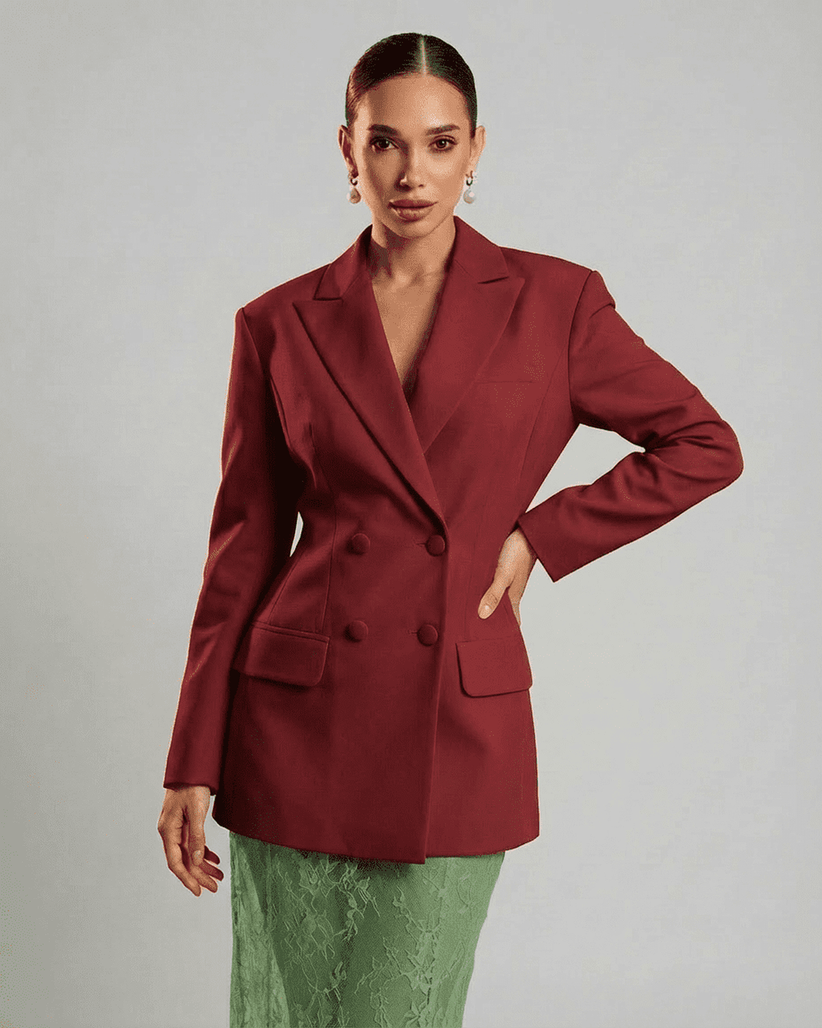 Scarlet Blazer by Lauven - Double-breasted red blazer with tailored silhouette and sharp lapels.