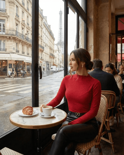 Scarlet Blouse by Lauven showcased in a café, featuring a long sleeve design and round neckline.