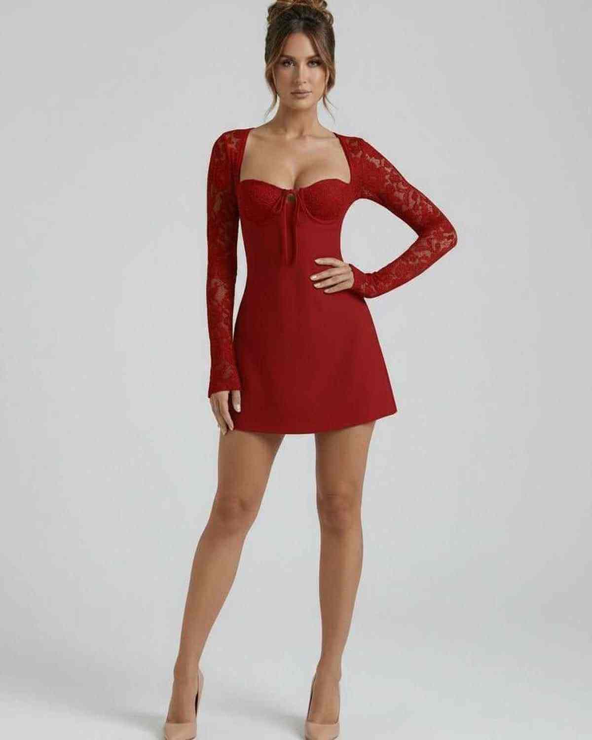 Scarlet Lace Dress by Lauven – Red Lace Sleeve Mini Dress showcasing a fitted silhouette and delicate floral lace sleeves.