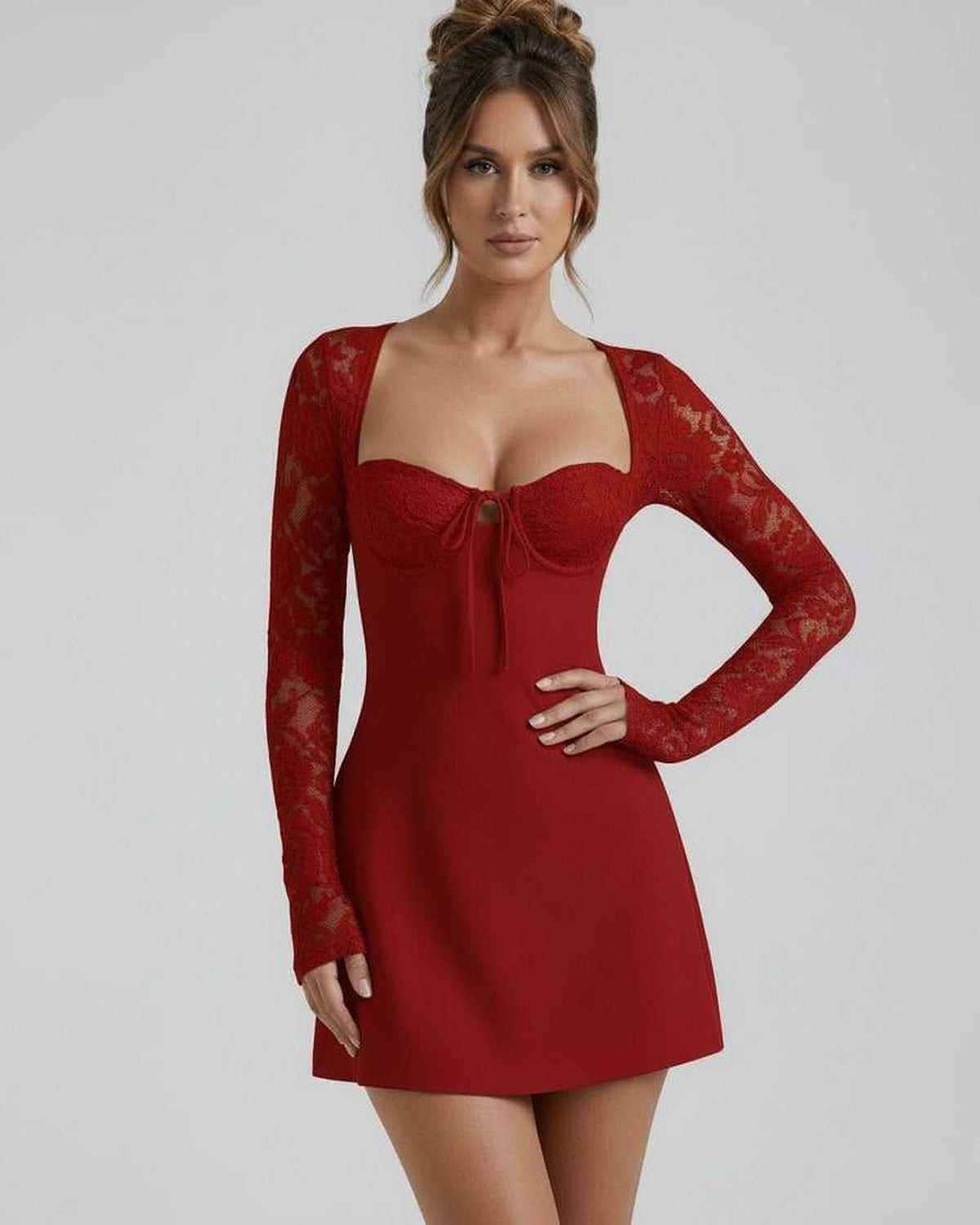 Lauven Scarlet Lace Dress - Red Lace Sleeve Mini Dress with Square Neck design, featuring floral lace sleeves and fitted silhouette.