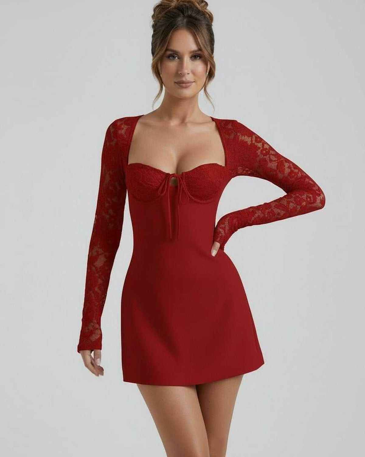 Scarlet Lace Dress by Lauven – Red Lace Sleeve Mini Dress with Square Neck and Fitted Silhouette