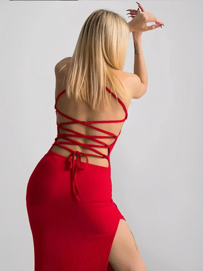 Scarlet Lace Midi Dress by Lauven, featuring a corset back and side slit in a striking red color.