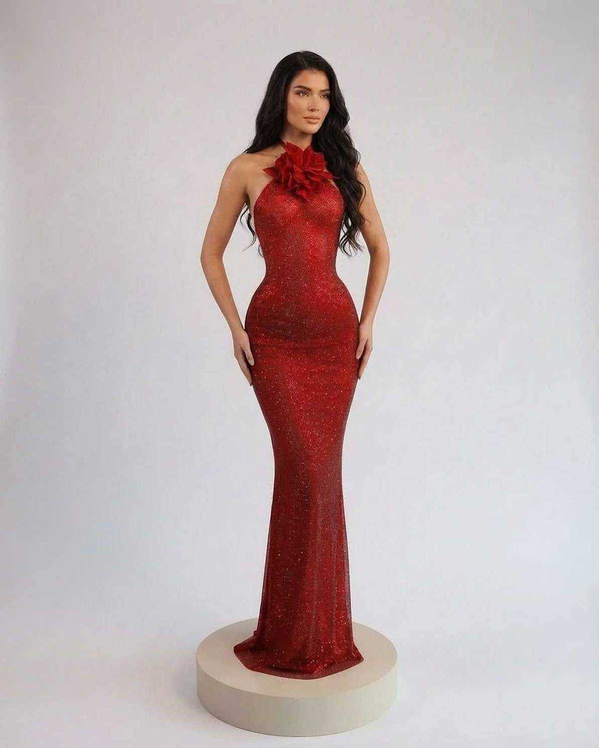 Elegant Scarlet Maxi Dress by Lauven with halter neck and floral detail, showcasing a floor-length silhouette.