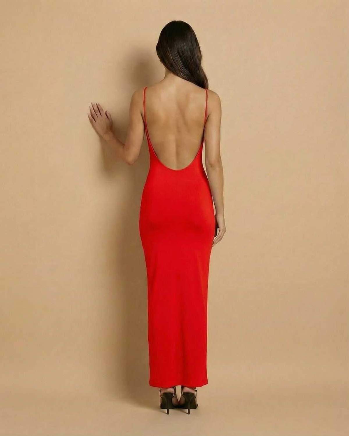 Scarlet Maxi Dress by Lauven - Open back design showcasing a sleek red maxi dress with spaghetti straps.