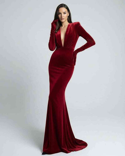 Scarlet Maxi Dress featuring deep V-neck, velvet long sleeves; elegant and sophisticated by Lauven.