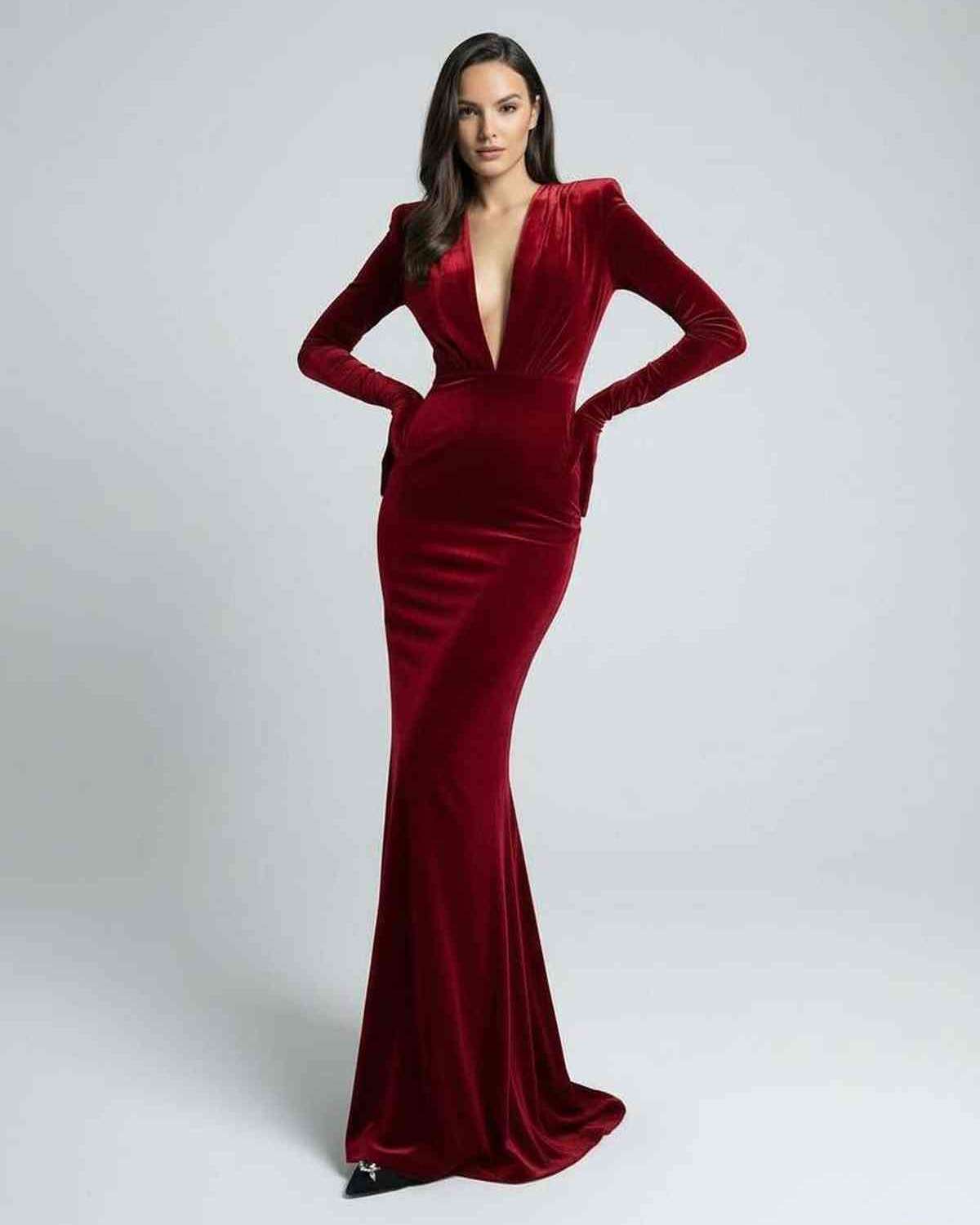 Scarlet Maxi Dress - Red Velvet Long Sleeve Dress with Deep V-Neck by Lauven, perfect for elegant occasions.
