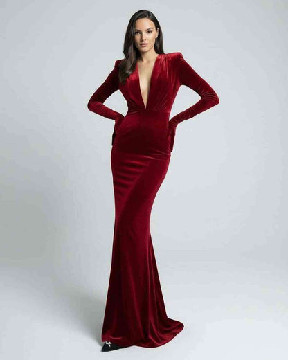 Scarlet Maxi Dress - Red Velvet Long Sleeve Dress with Deep V-Neck by Lauven, perfect for elegant occasions.