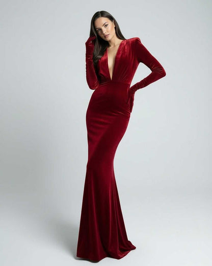 Scarlet Maxi Dress - Red velvet maxi dress with deep V-neck and long sleeves. Elegant silhouette by Lauven.
