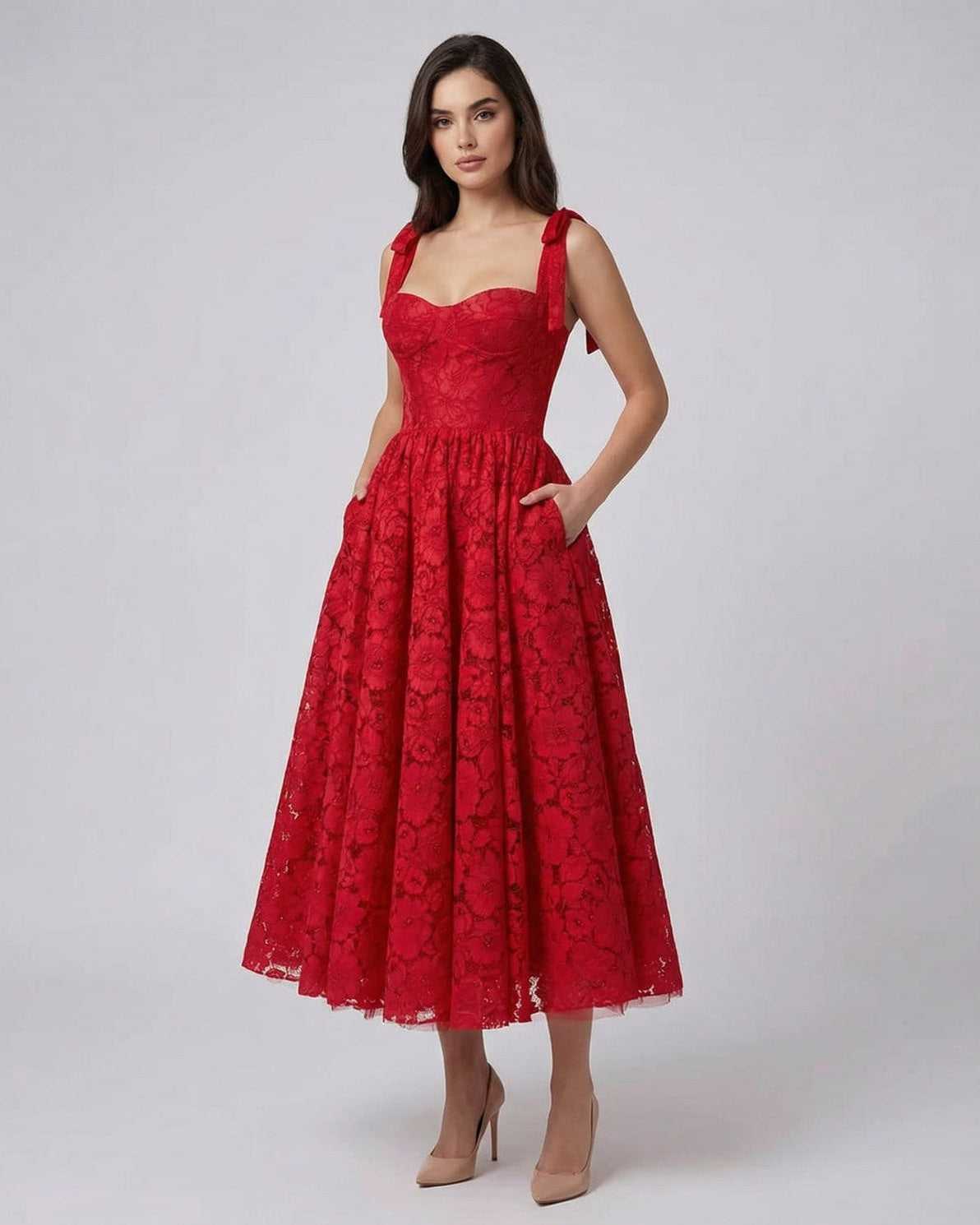 Lauven Scarlet Midi Dress featuring a lace A-line design, perfect for summer events and celebrations.