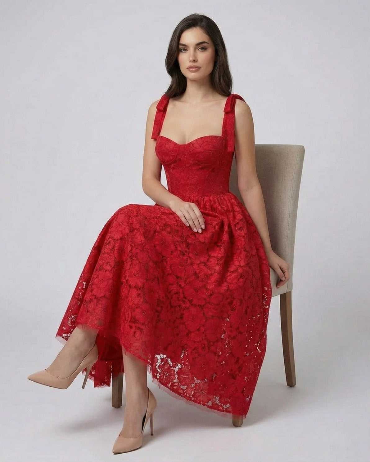 Scarlet Midi Dress by Lauven, featuring a lace A-line silhouette, perfect for summer events and celebrations.