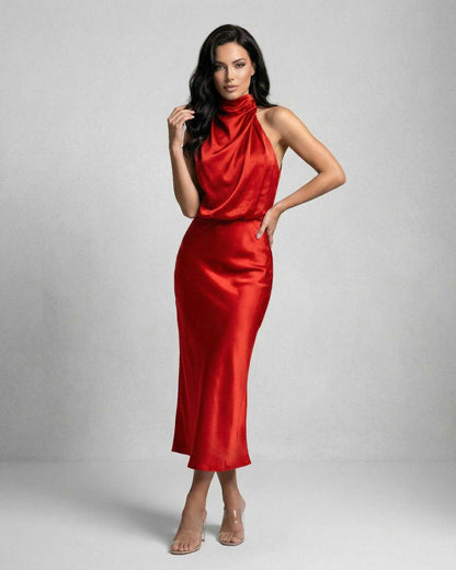 Scarlet Midi Dress – satin halter neck design for elegant evening wear by Lauven, perfect for striking and chic occasions.