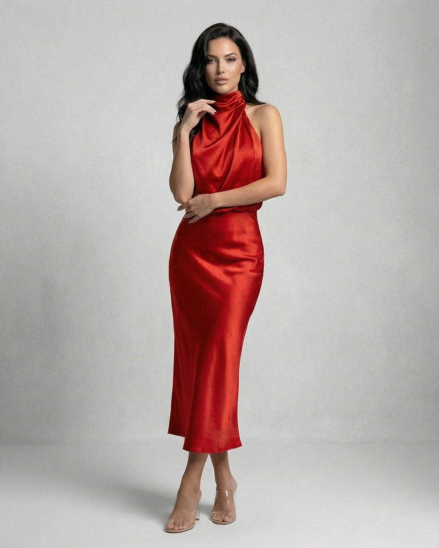 Scarlet Midi Dress - Elegant satin halter neck red dress by Lauven, perfect for evening and cocktail events.