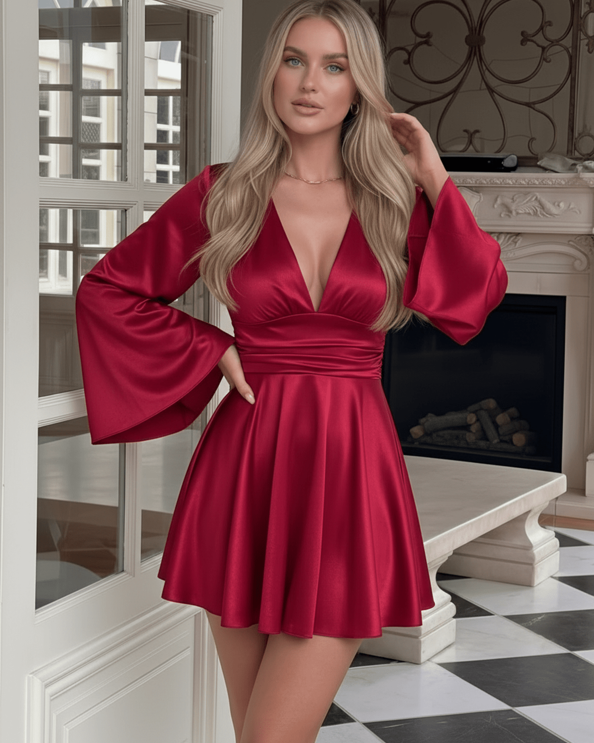 Scarlet Mini Dress by Lauven, featuring a vibrant red A-line design with flare sleeves and a deep V-neckline.