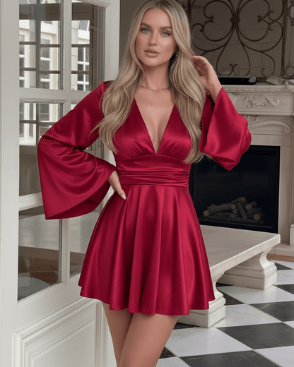 Scarlet Mini Dress by Lauven, featuring a vibrant red A-line design with flare sleeves and a deep V-neckline.