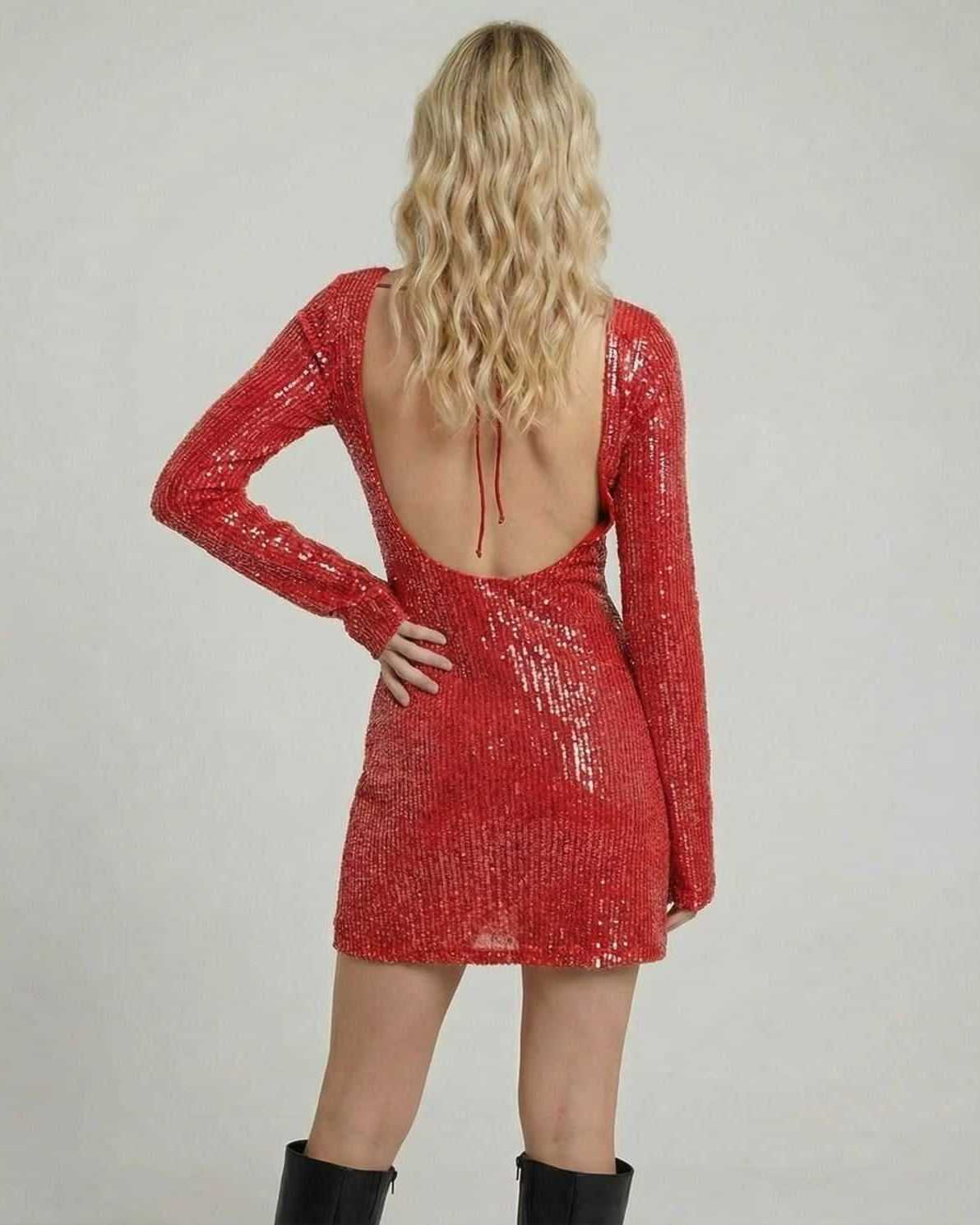 Scarlet Mini Dress by Lauven showcasing a back view with open-back detail and sequin embellishment.