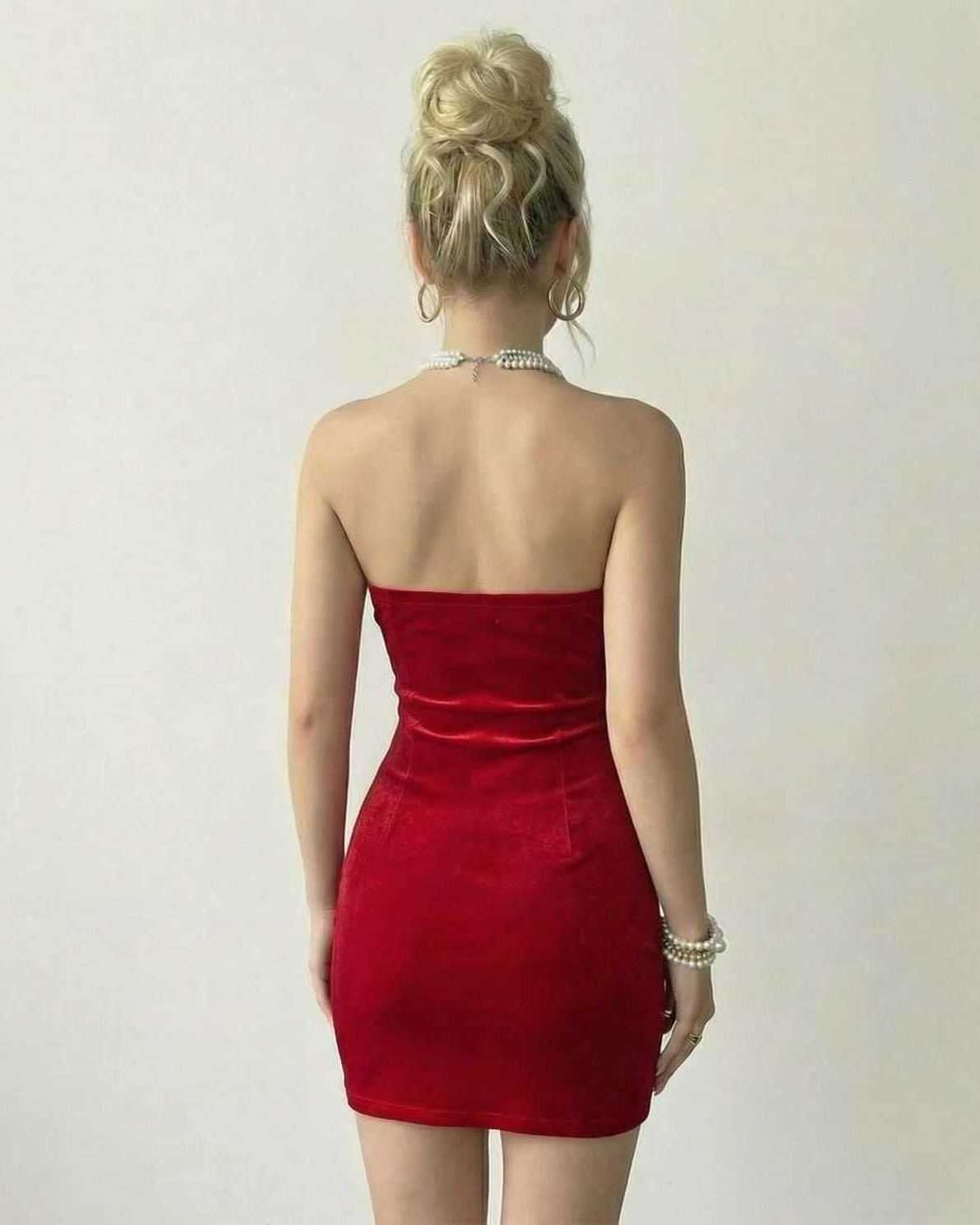 Scarlet Mini Dress by Lauven, showcasing a back view of a strapless red velvet design with a bodycon fit.