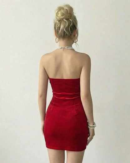 Scarlet Mini Dress by Lauven, showcasing a back view of a strapless red velvet design with a bodycon fit.