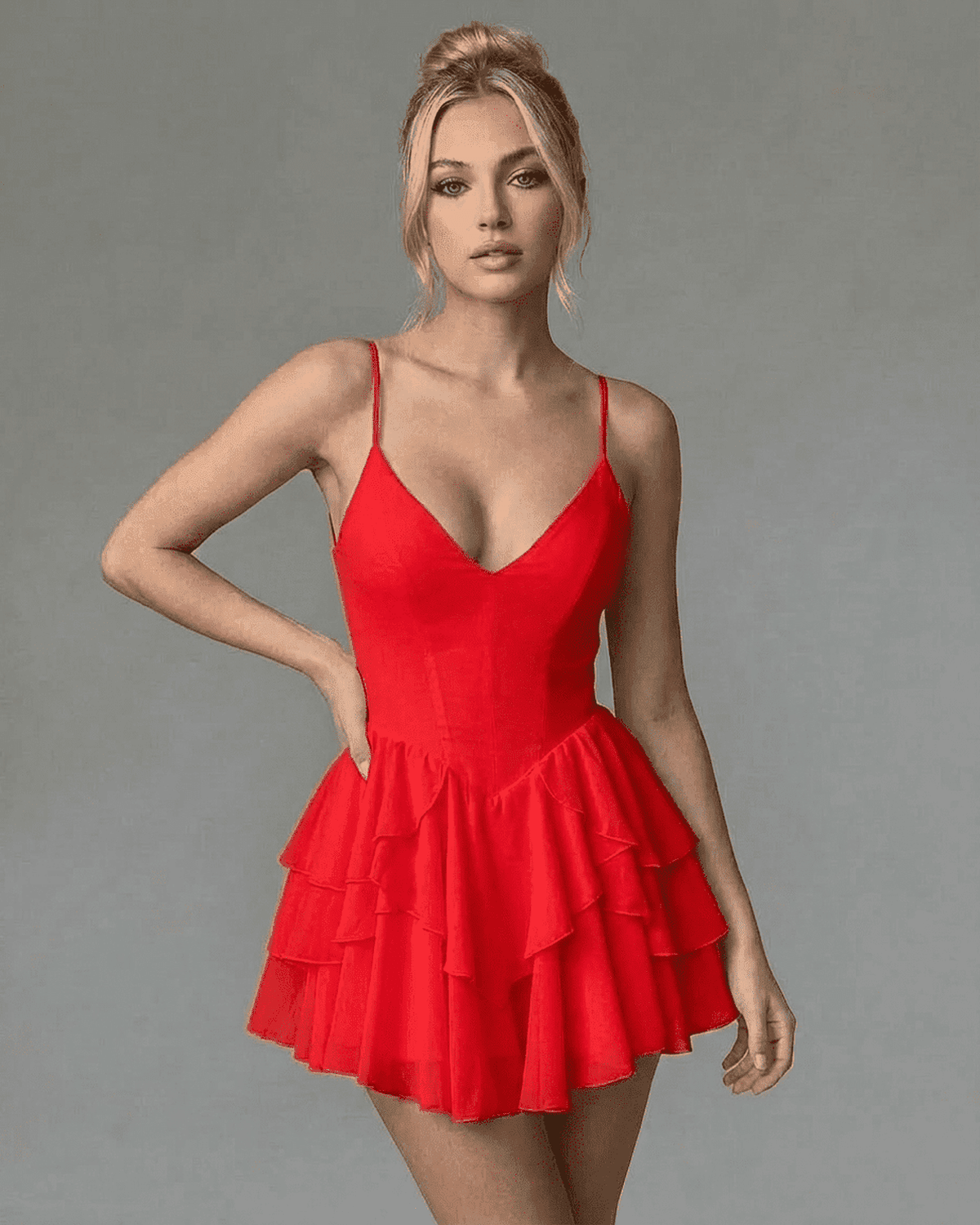 Scarlet Mini Dress by Lauven, a structured V-neck bodycon mini with layered ruffle skirt, perfect for stylish occasions.