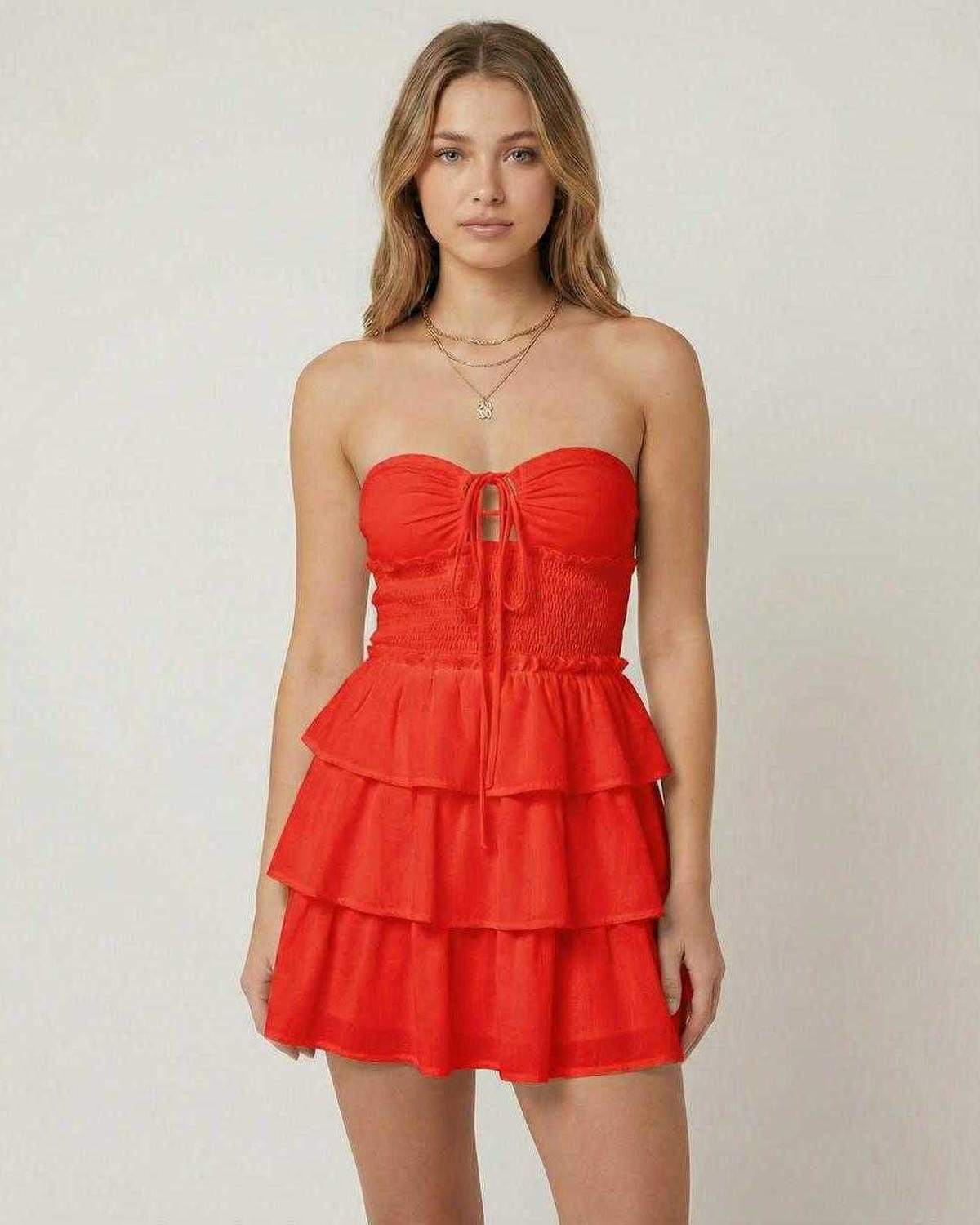Scarlet Mini Dress by Lauven, off-shoulder A-line silhouette with tiered short skirt in bold red color.