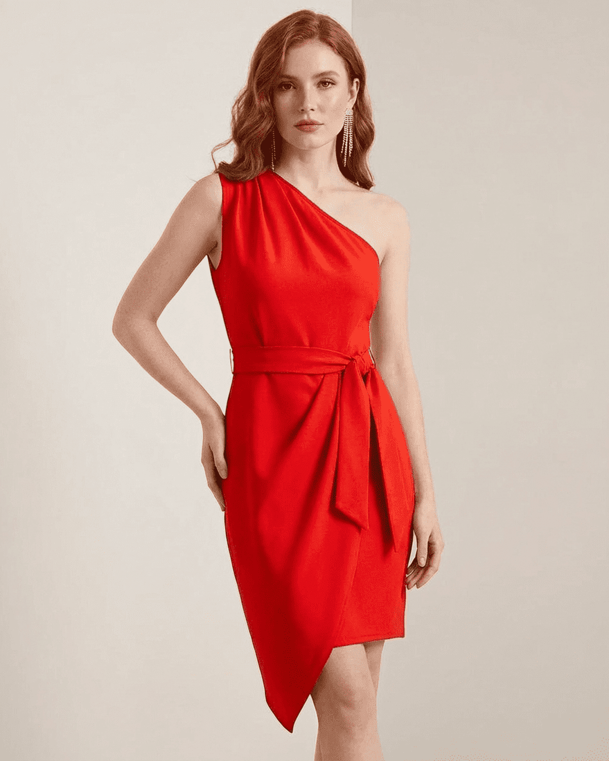 Scarlet Mini Dress by Lauven - One-shoulder satin bodycon mini dress in vibrant red with asymmetrical hem.