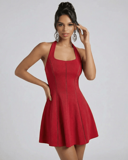 Scarlet Mini Dress by Lauven, featuring a red flared silhouette and a U-neckline, perfect for elevated occasions.