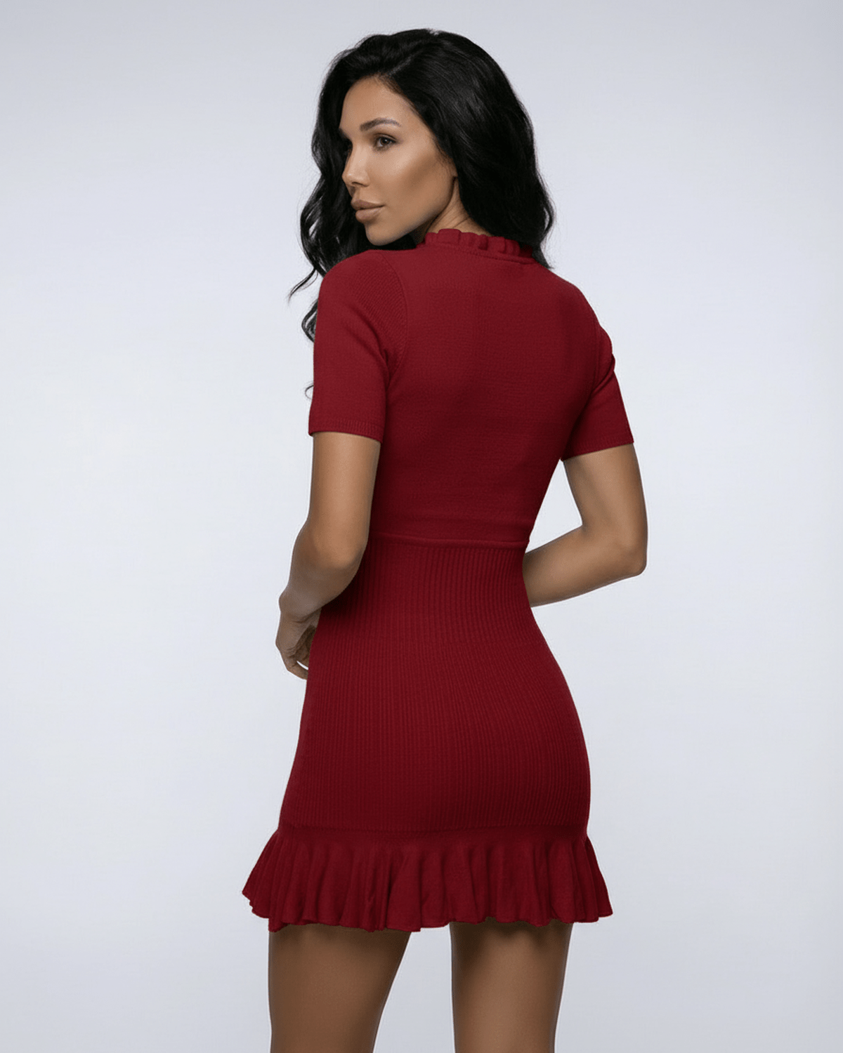 Scarlet Mini Dress - Ribbed knit A-Line design with ruffle hem by Lauven, offering sleek style and comfortable fit.