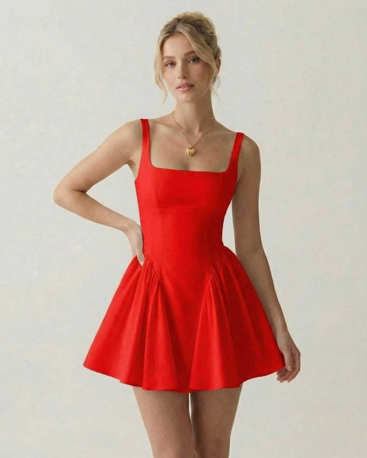 Scarlet Mini Dress by Lauven - Square neck, backless design, and bow detail in a vibrant red shade.