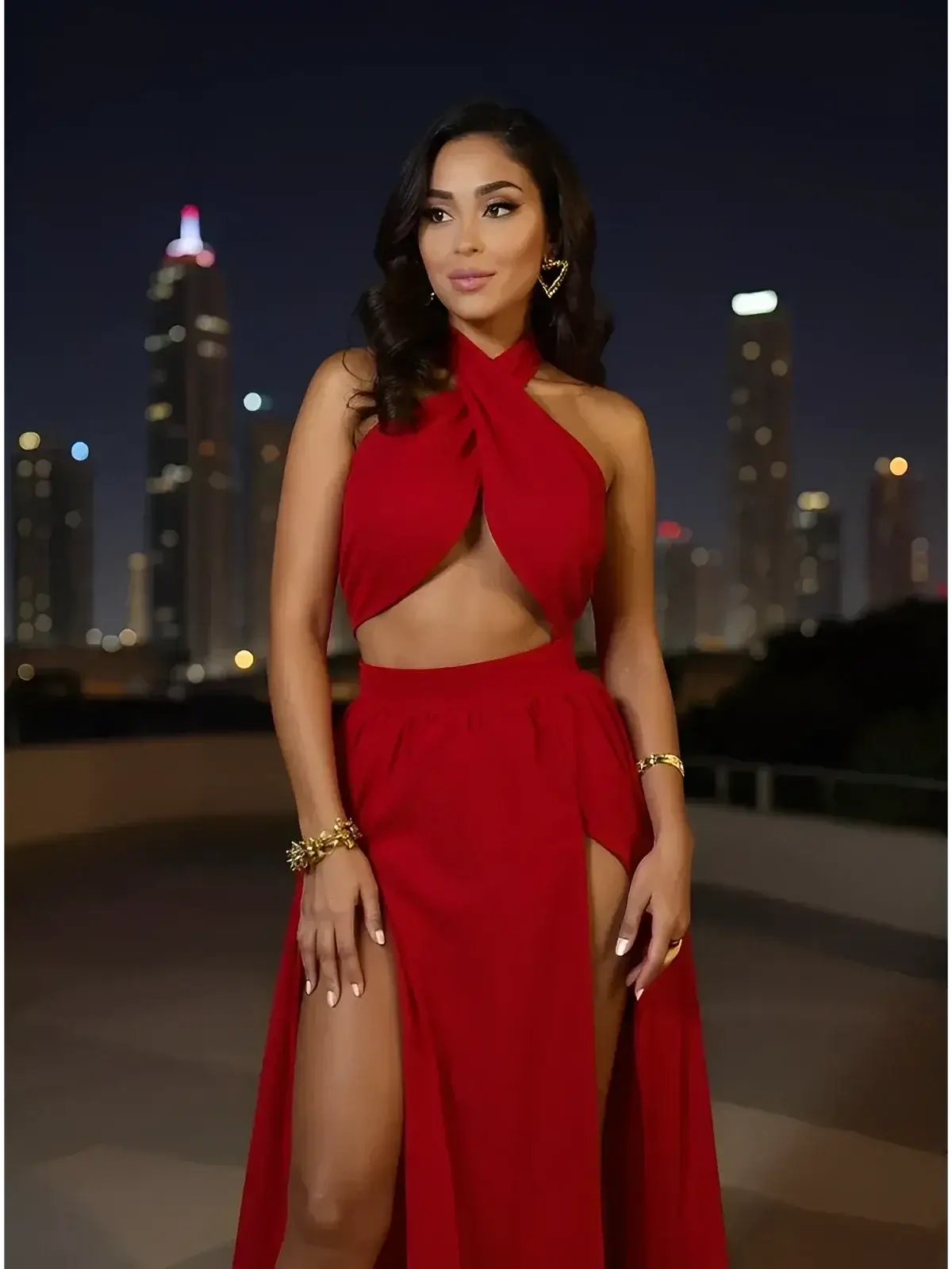 Scarlet Mirage Set by Lauven - Elegant summer two-piece with draped top and slit skirt, perfect for warm nights.