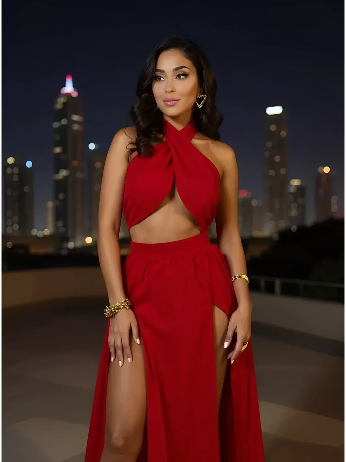Model showcasing the Scarlet Mirage Set with draped halter top and slit skirt against a city skyline at night.