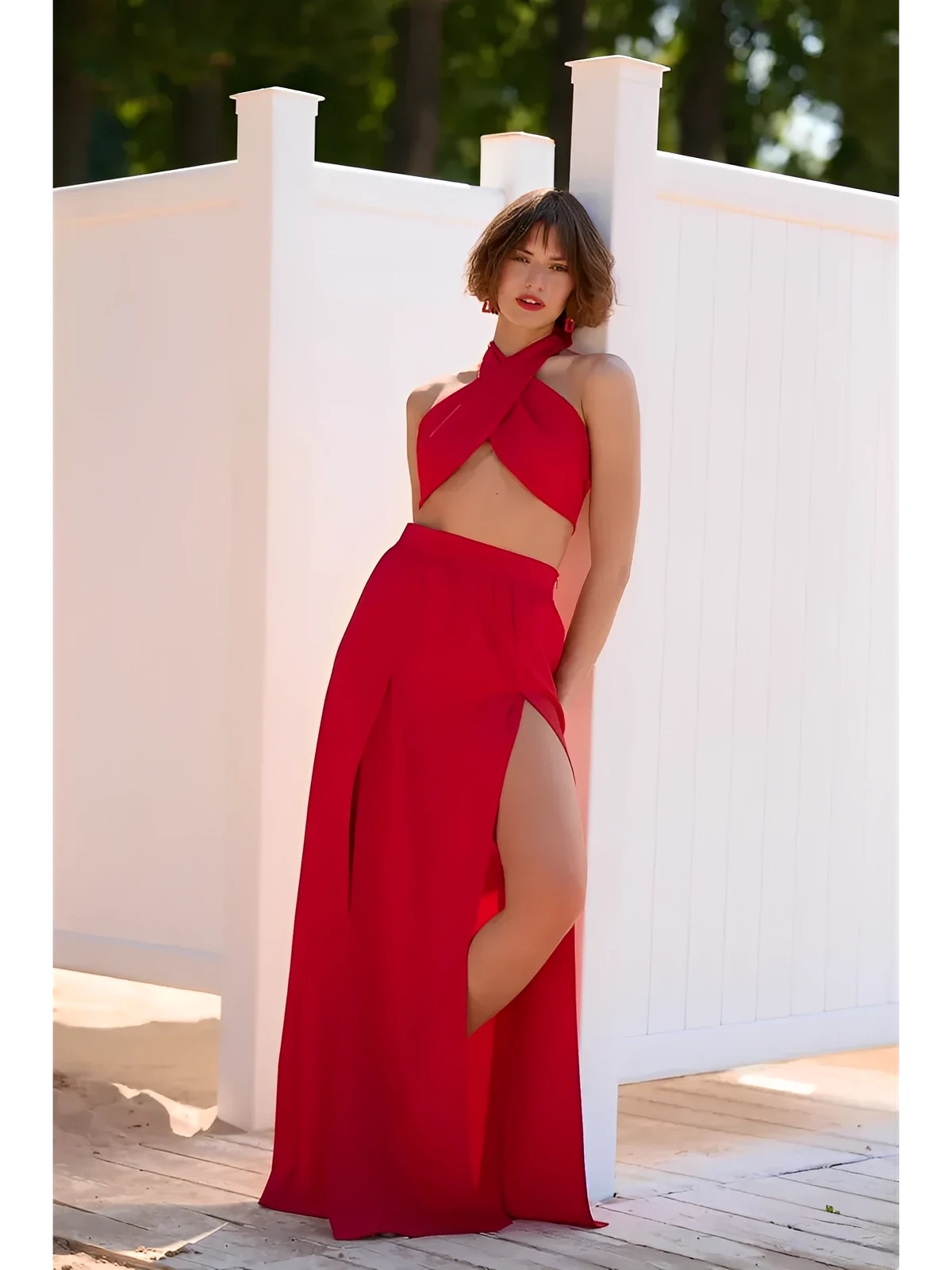 Scarlet Mirage Set - stylish summer two-piece with draped top and slit skirt, perfect for warm weather elegance.