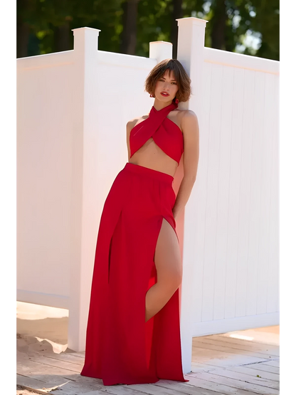 Scarlet Mirage Set - stylish summer two-piece with draped top and slit skirt, perfect for warm weather elegance.