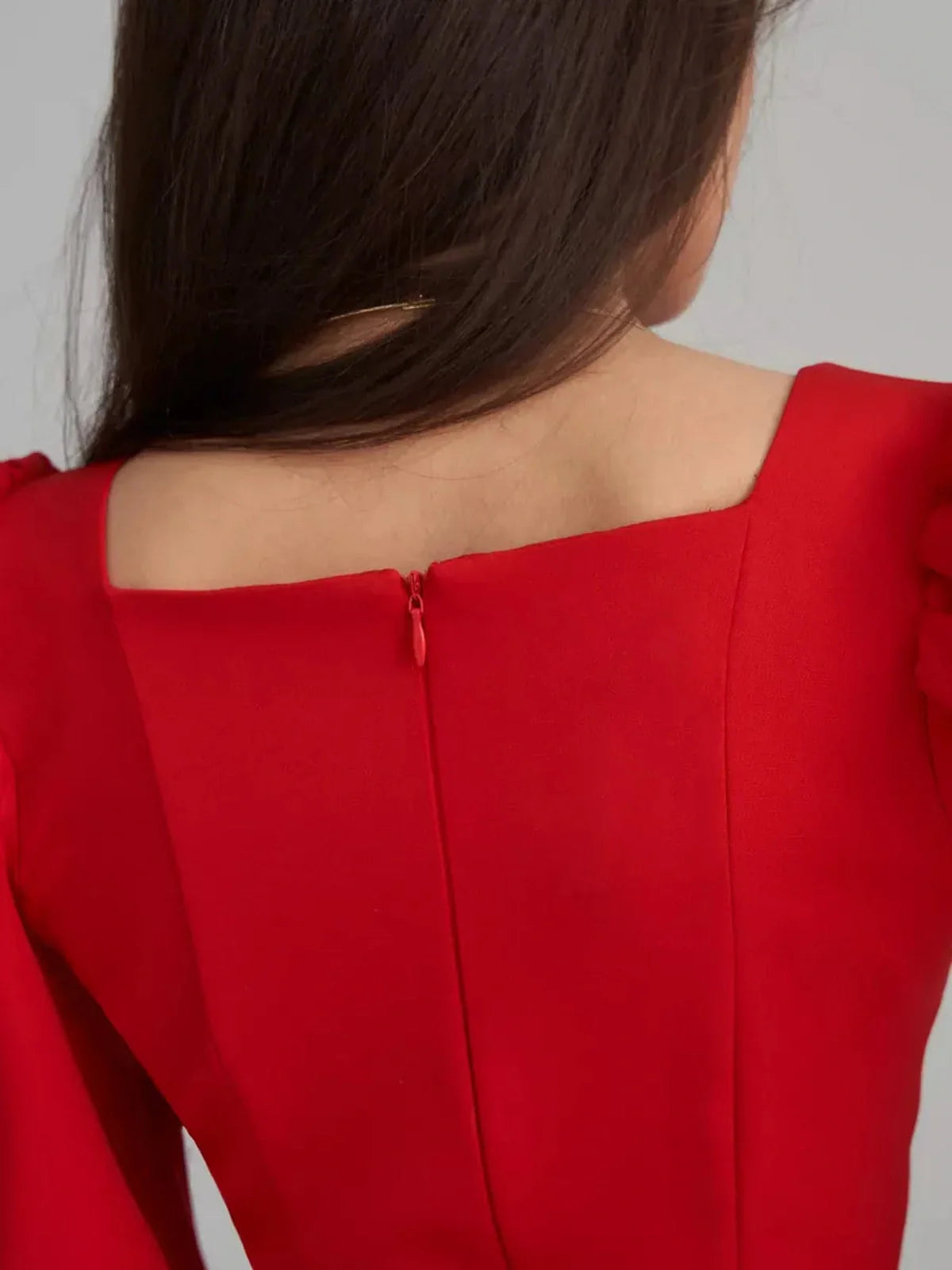 Back view of Scarlet Muse Red Mini Dress showcasing square neckline and zipper detail.