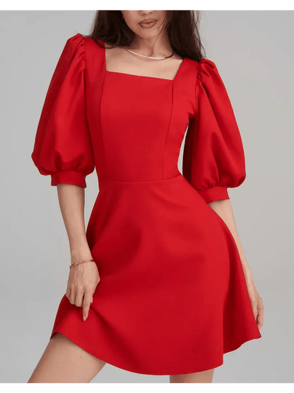 Scarlet Muse Red Mini Dress featuring square neck, puff sleeves, and flared skirt for elegant style.