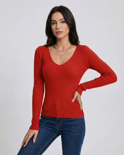 Scarlet Pullover by Lauven – Women’s V-Neck Slim Fit Sweater in bold red color, perfect for casual or elevated styling.