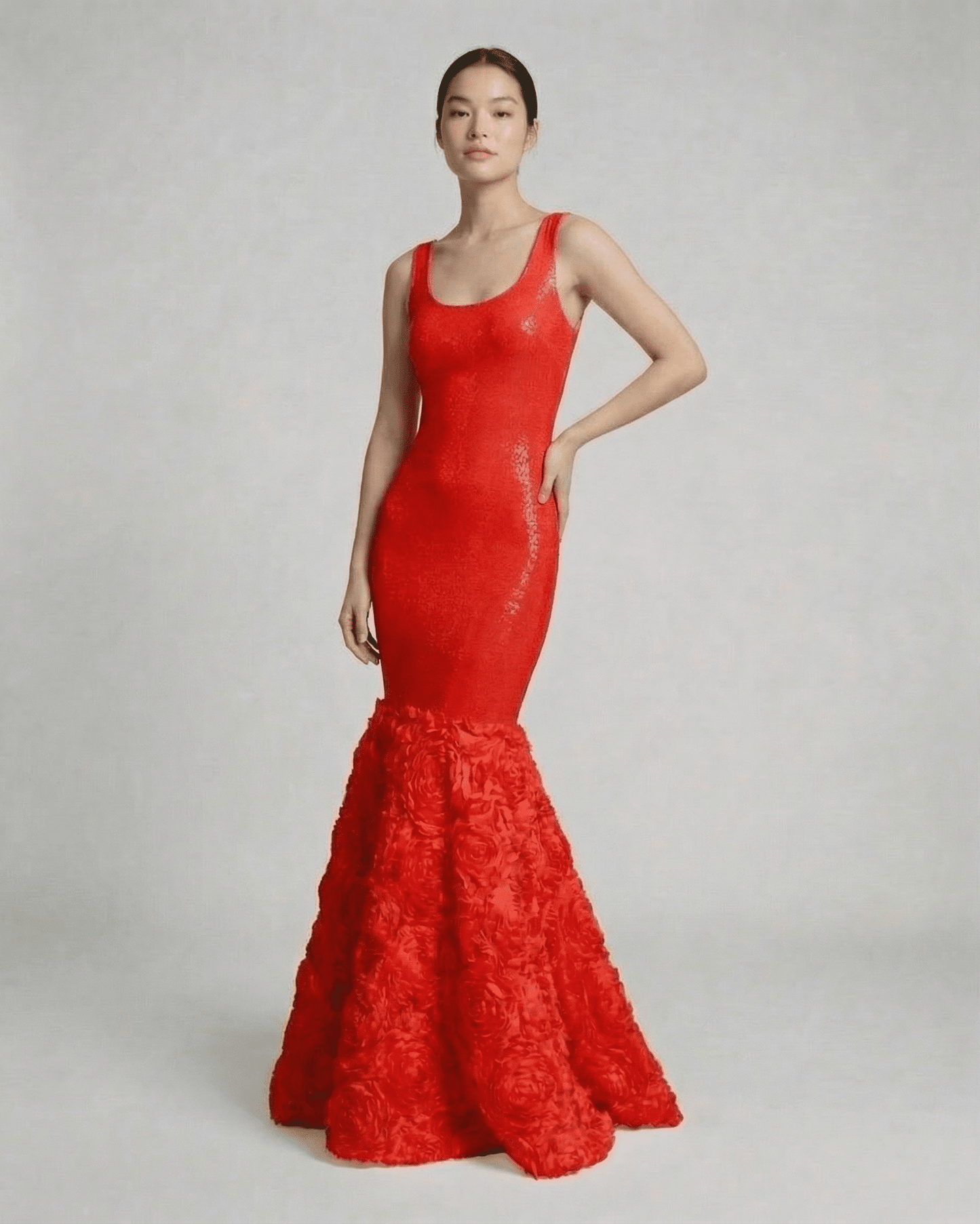 Scarletia Maxi Dress by Lauven - Elegant red sleeveless maxi dress with textured rosette hem design.