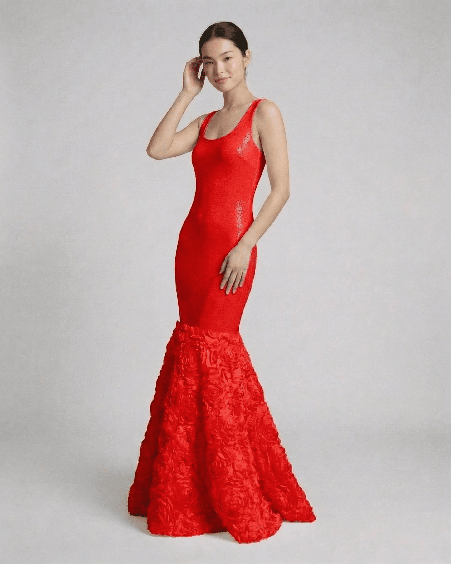Scarletia Maxi Dress by Lauven, featuring a sleeveless design and textured rosette hem in vibrant red.