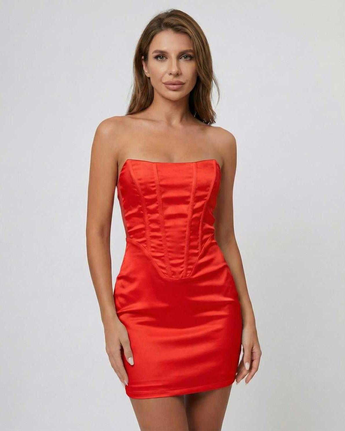 Scarletia Mini Dress by Lauven, strapless satin-effect pencil mini dress featuring structured fishbone bodice.