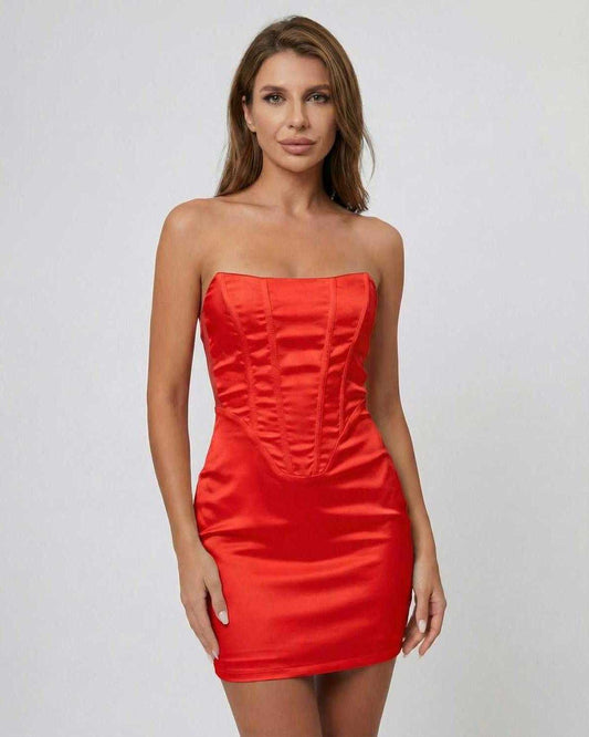 Scarletia Mini Dress by Lauven, strapless satin-effect pencil mini dress featuring structured fishbone bodice.