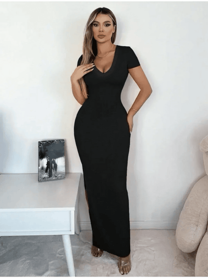 Sleek black Sculpted Elegance Maxi Dress with V-neckline, showcasing modern sophistication and chic minimalist design.