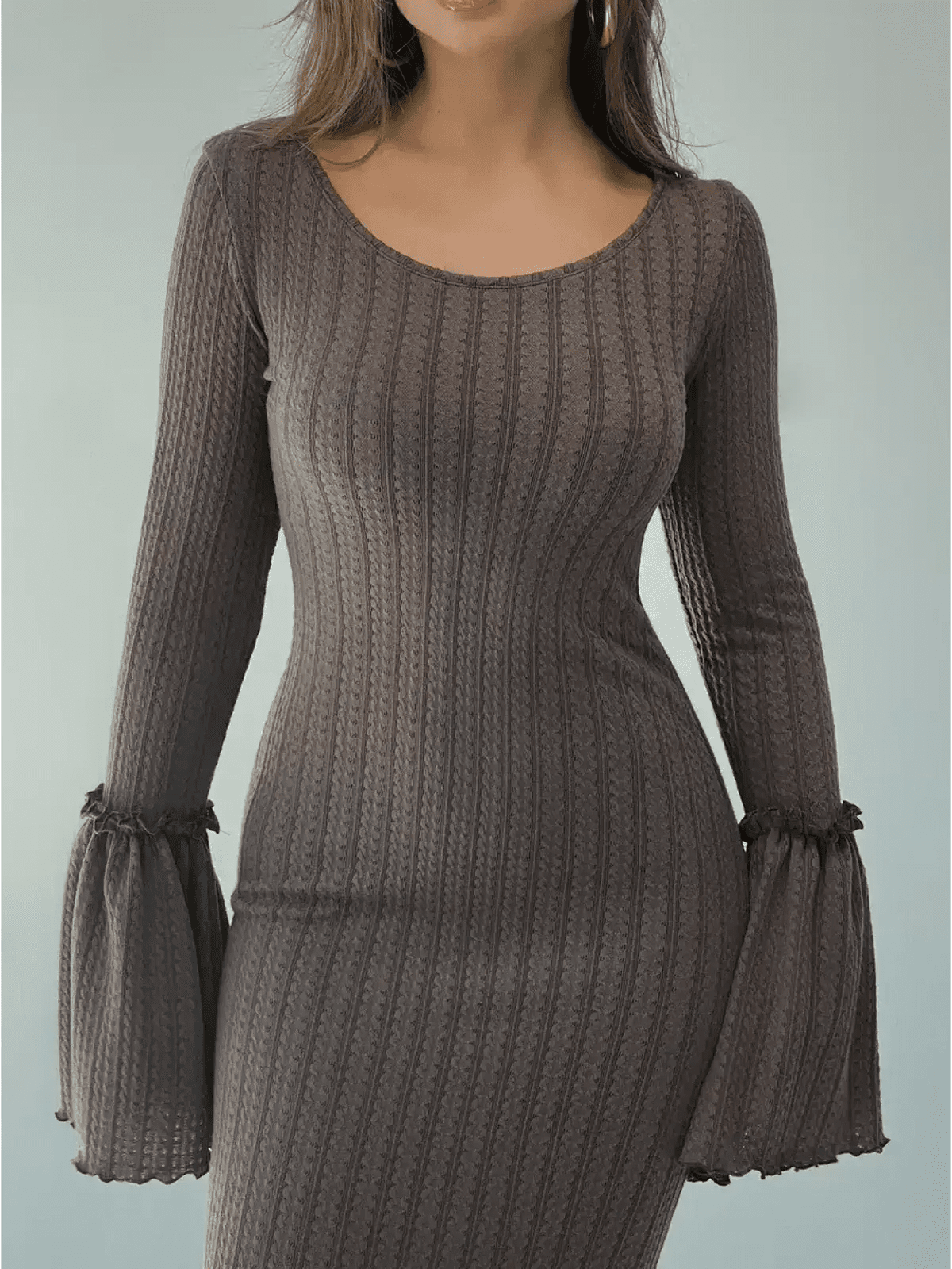 Elegant brown long-sleeve maxi dress featuring flared bell sleeves and a fitted silhouette, perfect for evening wear.