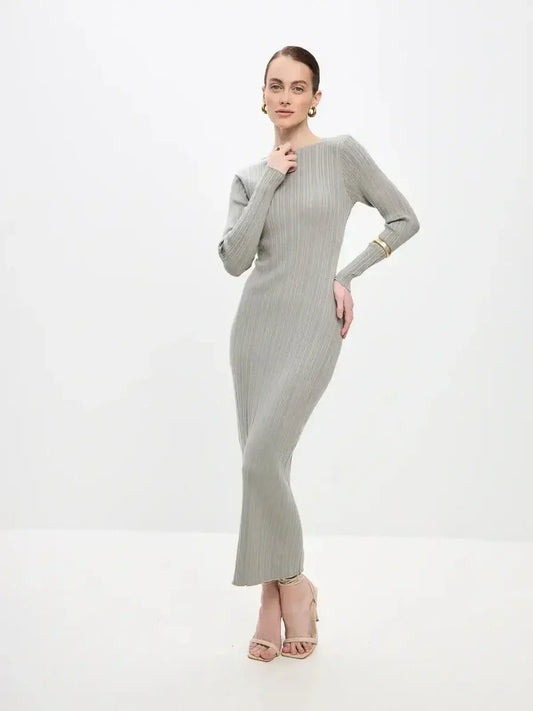 Sculpted Grace Maxi Dress by Lauven – Elegant ribbed knit dress in soft gray, perfect for refined occasions.