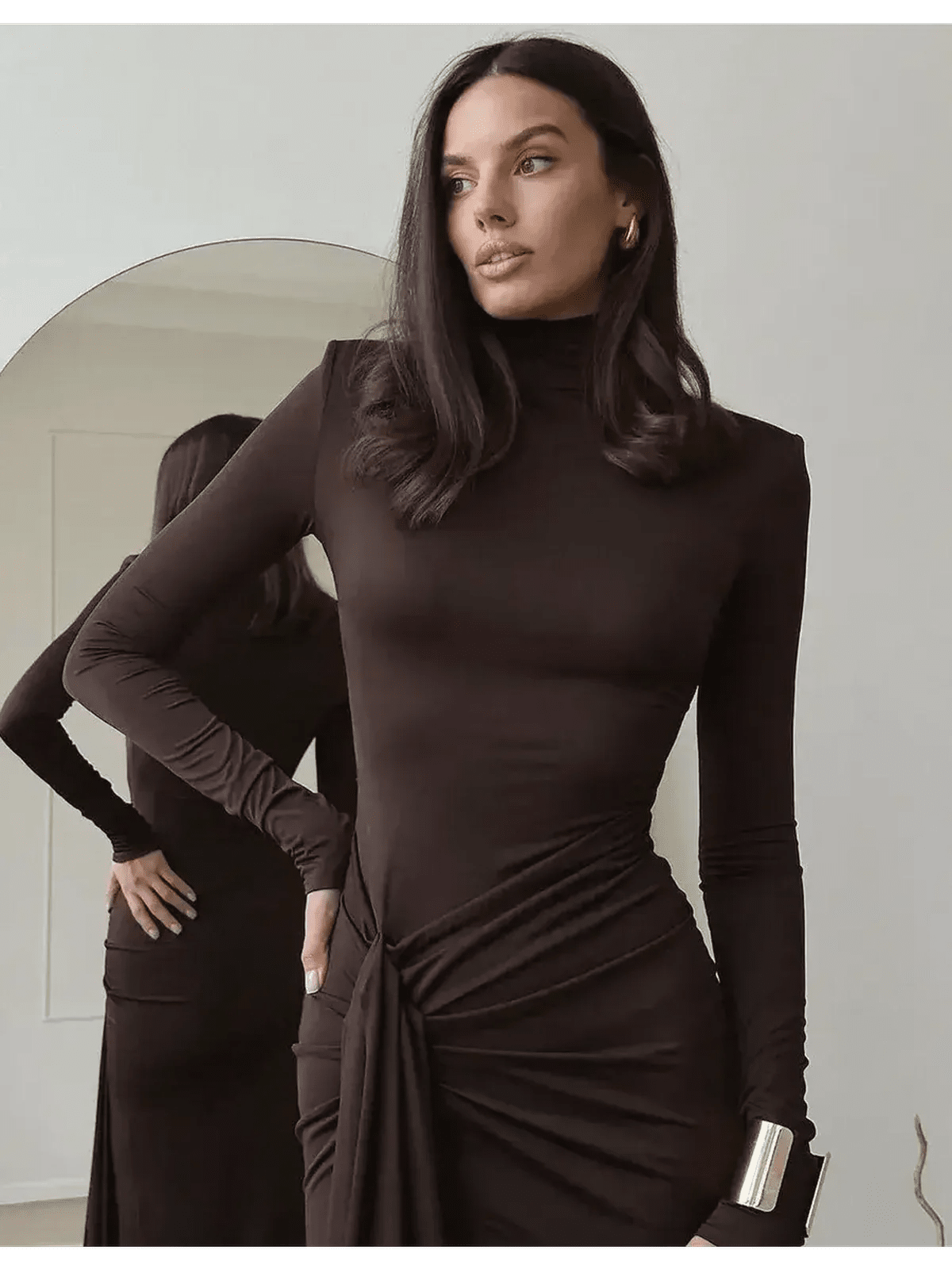 Sculpted Grace Maxi Dress in rich chocolate brown, featuring a long sleeve silhouette and artful draped detailing.