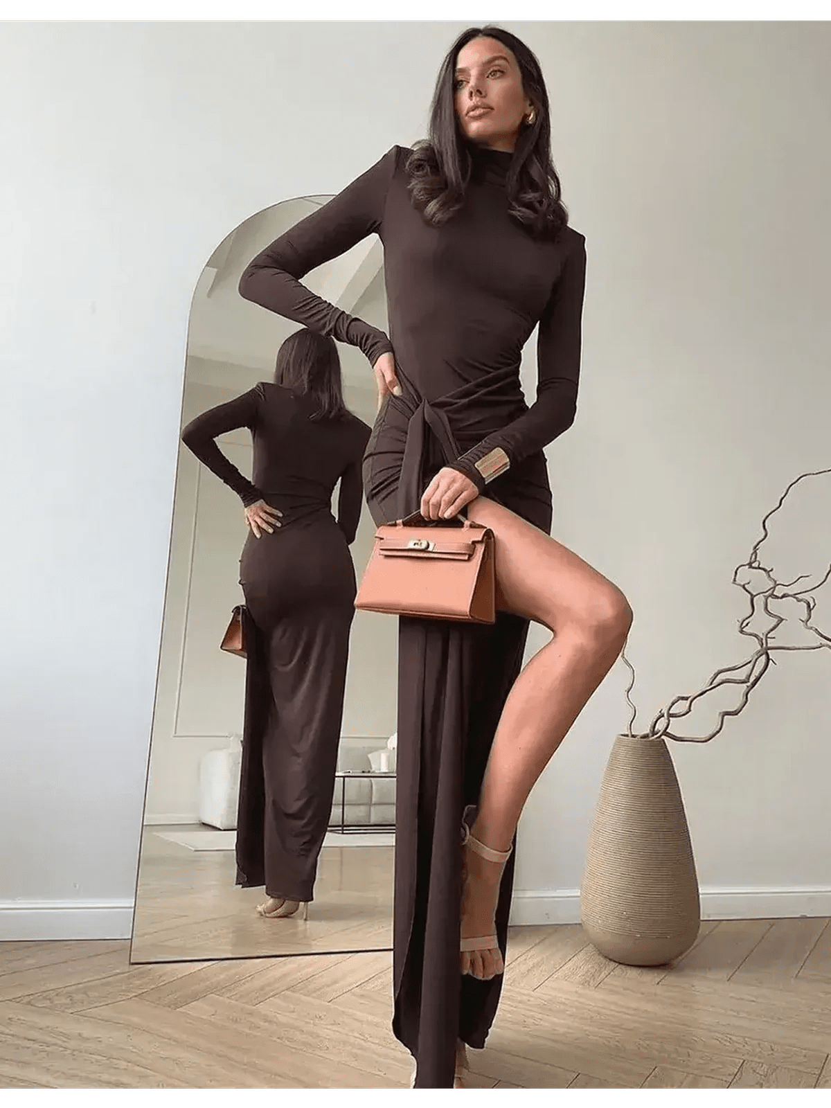 Sculpted Grace Maxi Dress in rich chocolate brown with draped detailing, perfect for elegant events and special occasions.