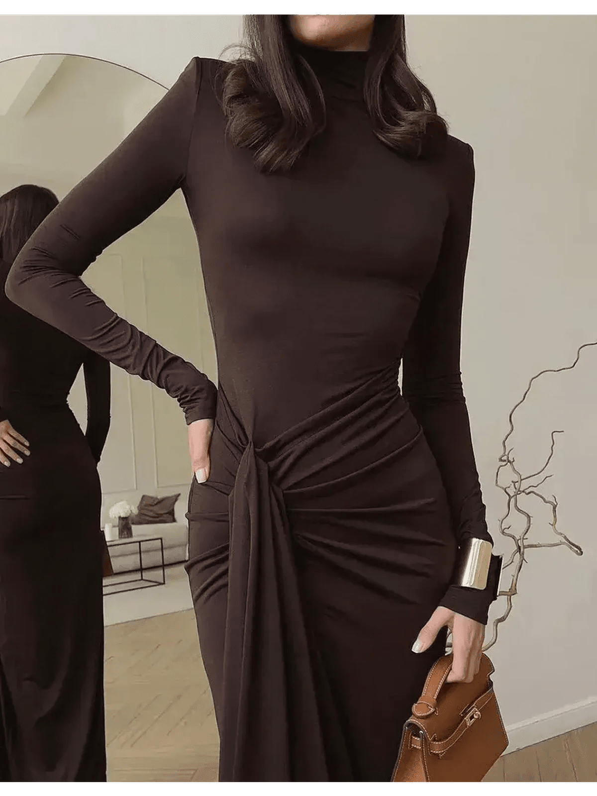 Sculpted Grace Maxi Dress in rich chocolate brown with draped detailing, perfect for formal events and weddings.