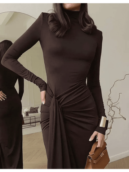 Sculpted Grace Maxi Dress in rich chocolate brown with draped detailing, perfect for formal events and weddings.