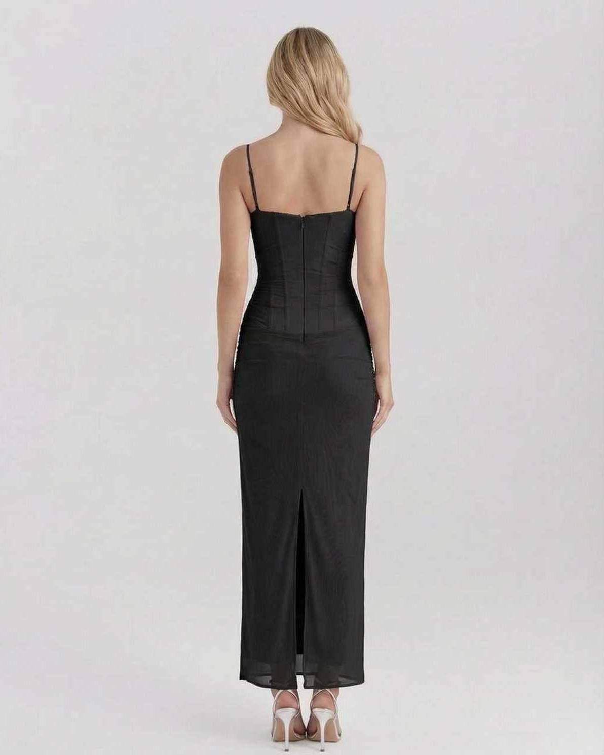 Selene Maxi Dress back view showcasing slim fit silhouette, lace detail, and elegant mesh fabric from Lauven.